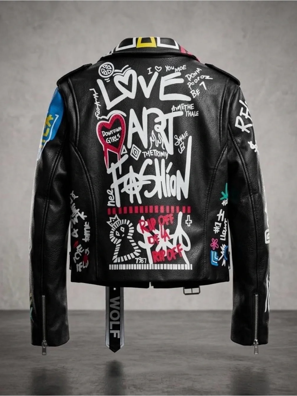 Designer Black Graffiti Leather Biker Jacket - Multicolor Accents - Picture 2 of 4